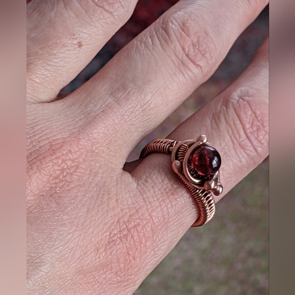 Handmade Garnet Ring Copper Wrapped Gemstone Unique Artistic Designer Jewelry - Picture 16 of 16